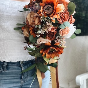 JUST ADDED Fall Late Summer Bridal Bouquet Cascading Flowers for Wedding Sunflower Rust Orange Terracotta