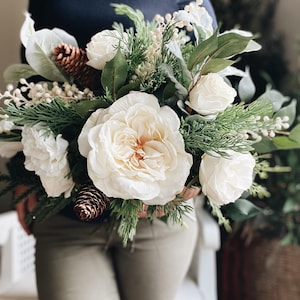 Winter Wonderland Pine Christmas Bridal Bouquet Wedding Pinecones and Ivory Roses