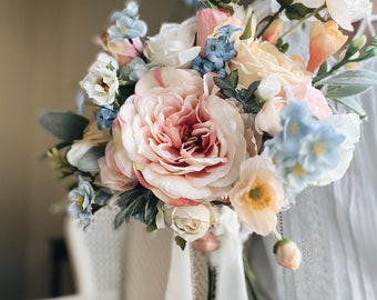 Whimsical and Flowy Pastel Garden Rose Bridal Bouquet - Fairy Tale Wedding Bouquet