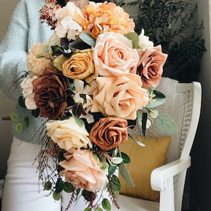 Autumn Fall Cascading Bridal Bouquet with Peach, Dusty Pink, Brown Roses, Hydrangeas and Lush Greenery