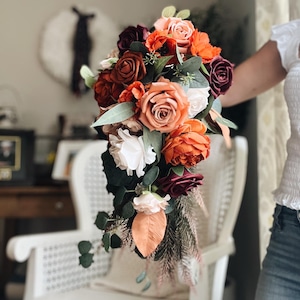 JUST ADDED Fall Late Summer Bridal Bouquet Cascading Flowers for Wedding Burgundy Rust Orange Beige