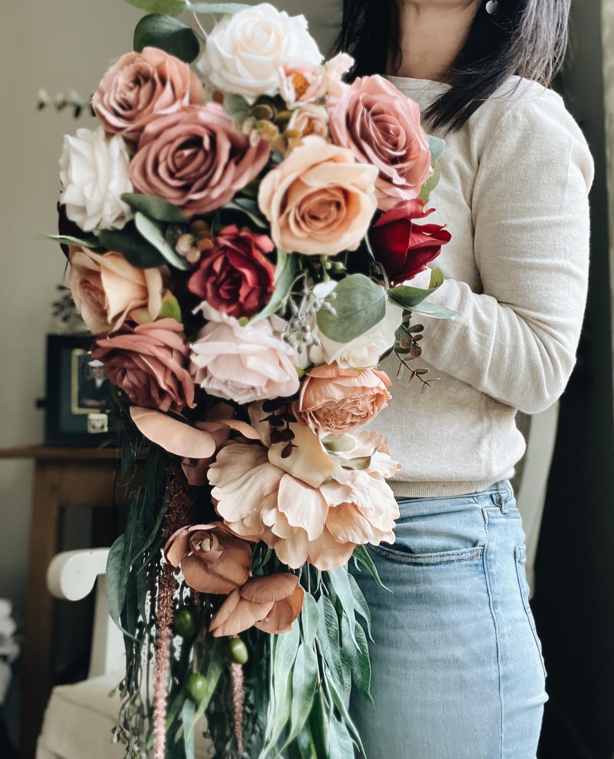 Large Cascade Bridal Bouquet Fall Autumn Summer Terracotta Toffee Dusty Rose Wine Burgundy Garden