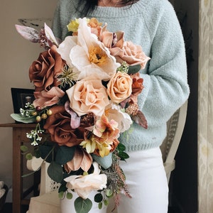 Fall Late Summer Bridal Bouquet Cascading Flowers for Wedding Peach Brown Beige
