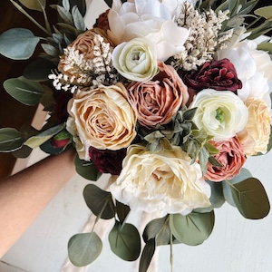 Vintage Inspired English Rose Bridal Bouquet - Handmade Wedding Flowers Burgundy Cream