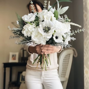 Elegant Classic Anemone Hydrangea Rose Bridal Bouquet - Garden-inspired Wedding Flowers White Cream