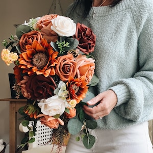 Rust Orange Sunflower Fall Bridal Bouquet, High-End Artificial Florals, Cascading Creams Brown Wedding Bouquet