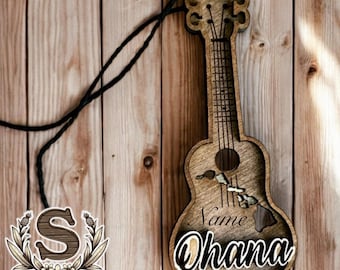 Personalized Hawaii Wood Ornament: Ukulele Car Charm, Tropical Gift