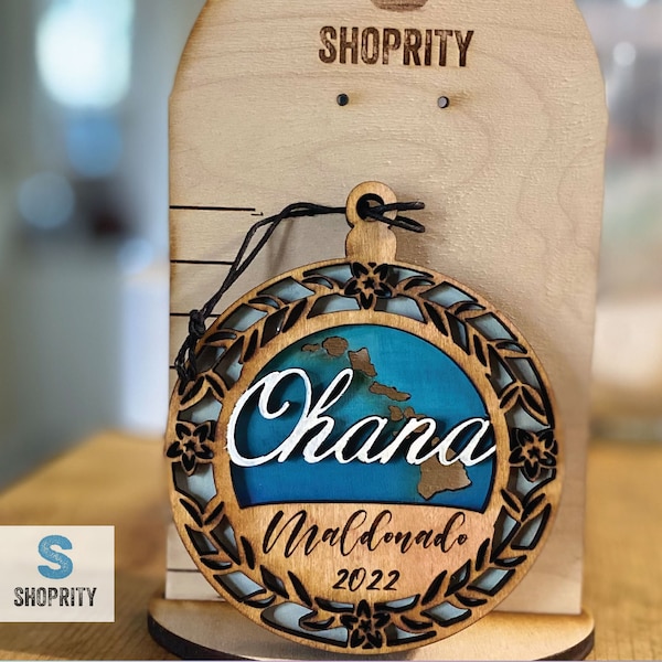 Personalized Ohana Hawaiian Wood Ornament|Hawaiian Ornament|Car Charm|Hawaiian Islands|Hawaiian Gift|Blue|Tropical Gift|Hawaiian Christmas