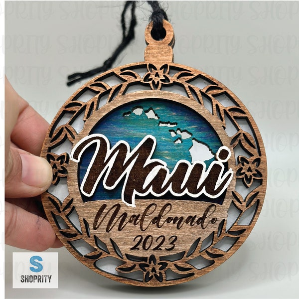 Personalized Maui Hawaii Wood Ornament|2023|Hawaiian Ornament|Car Charm|Hawaiian Islands|Hawaiian Gift|Blue|Tropical Gift|Hawaiian