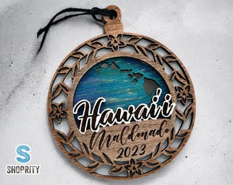 Handmade Hawaii Christmas Ornament: Laser-Cut Wood Aloha Car Charm
