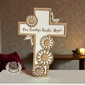 Sunflower Cross Wall Hanging: Dios Bendiga Nuestro Hogar, Spanish Home Decor
