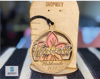 Personalized-Hawaii-Plumeria-flower- car charm-ornament-wooden-wood ornament-Hawaiian flower-Plumeria-Hawaii gift-car gift-flower gift