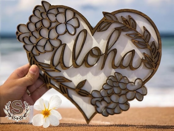 Puakenikeni Flower Heart Sign: Hawaiian Aloha Wood Wall Decor
