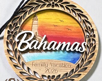 Bahamas Family Vacation Ornament, Personalized Lighthouse Sunset Wood Keepsake