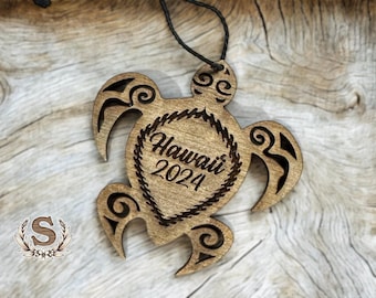 Personalized Hawaiian Turtle Wood Ornament: Tropical Car Charm