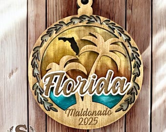 Handmålad Florida-ornament: Solnedgång vid havet, träsouvenir från staten