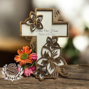 Plumeria Cross Wall Decor | Bless Our Home in Hawaiian & English | Wooden Christian Gift | Mahalo I Ke Akua | Hawaii Home Decor