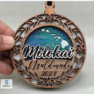 Personalized Hawaii Molokai Wood Ornament|Hawaiian Ornament|Car Charm|Hawaiian Islands|Hawaiian Gift|Blue|Tropical Gift|Hawaiian