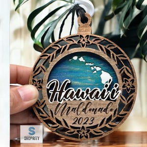 Handmade Hawaii Christmas Ornament: Laser-Cut Wood Aloha Car Charm