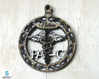 Personalized PA-C Wood Ornament: Caduceus Medical Gift