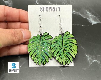 Hawaii|Monstera leaf|Black Acrylic Earrings|Engraved Earrings|Hawaii Gift|Dangle Earrings|Acrylic|Lightweight||Hawaii leafHand Painted|Gift