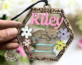 Personalized Cat Ornament, Custom Name Wooden Keepsake, Hand Painted Cat Gift, Unique Home Decor