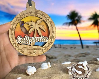 Hand-Painted California Ornament: Sunset Ocean Scene Wooden Souvenir