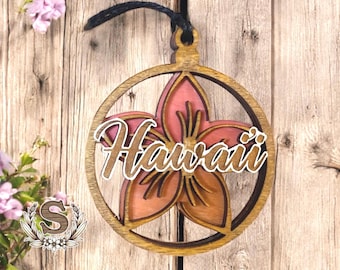 Hawaii-Plumeria-flower-car charm-ornament-wooden car charm-wood ornament-Hawaiian flower-Plumeria flower-Hawaii gift-car gift-flower gift