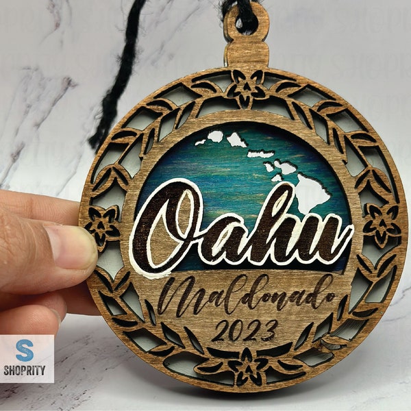 Personalized Oahu Hawaii Wood Ornament|2023|Hawaiian Ornament|Car Charm|Hawaiian Islands|Hawaiian Gift|Blue|Tropical Gift|Hawaiian