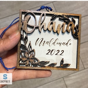 Ohana Hawaiian Wood Ornament|Plumeria Ornament|Square Ornament|Perasonalize|Hawaiian Gift|Hawaiian Islands|Tropical Gift|Hawaiian Christmas