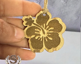 Mini Hibiscus Wood Ornament 2026 Hawaiian Flower Keepsake