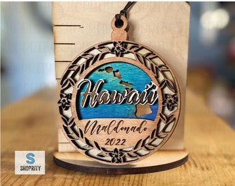 Gepersonaliseerd Hawaii houten ornament| Hawaiiaans ornament| Auto charme| Hawaiiaanse eilanden| Hawaiiaans cadeau| Blauw|Tropisch cadeau| Hawaiiaanse Kerstmis