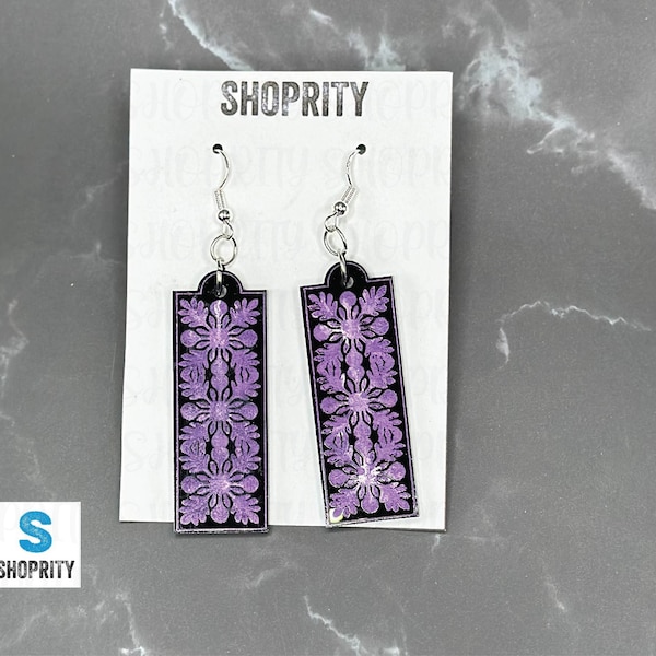 Hawaii|Quilt|Black Acrylic Earrings|Hawaiian Earrings|Hawaii Gift|Dangle Earrings|Clear Earrings|Hawaii Quilt|Laser Cut Earrings-Bar Earring