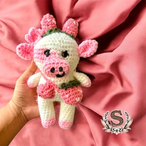 Strawberry Cow Crochet Plushie: Handmade Amigurumi Farm Animal Toy