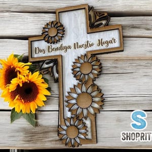 Cruz de girasol para colgar en la pared / Dios bendiga nuestro hogar / Decoración cristiana española para el hogar / Regalo religioso de madera