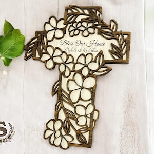 Hawaiian puakenikeni Wood Layered cross|Hawaiian Cross|Mahalo I Ke Akua|Hawaii Flower|Hawaiian Gift|Gift|Hawaiian Blessing|Hawaii Gift