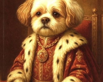 Puede incluir: Un retrato de un perro con una túnica roja con ribete de piel, una cadena dorada con un gran colgante de ámbar y una corona dorada con piedras preciosas. El perro está sentado en una silla, con una placa dorada que dice KHABBA.