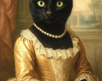 Puede incluir: Un retrato de un gato negro con un vestido dorado con adornos de encaje, un collar de perlas y una tiara con joyas. El gato tiene ojos de color amarillo verdoso y se sitúa sobre una placa rectangular dorada con el texto LUNA impreso.