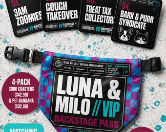 Puede incluir: Un juego de cuatro posavasos cuadrados de corcho negro con texto blanco que dice 3AM ZOOMIES, COUCH TAKEOVER, TREAT TAX COLLECTOR y BARK & PURR SYNDICATE, junto a un pañuelo para mascotas a cuadros azules y morados con el texto LUNA & MILO // VIP.