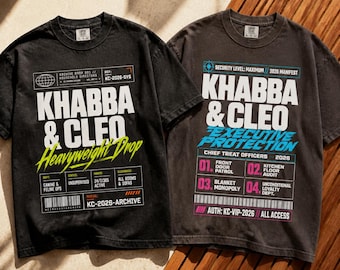 Puede incluir: Dos camisetas negras de manga corta con estampados gráficos. La camiseta de la izquierda muestra 'KHABBA & CLEO Heavyweight Drop' con texto técnico. La de la derecha presenta 'KHABBA & CLEO EXECUTIVE PROTECTION' con una lista numerada.