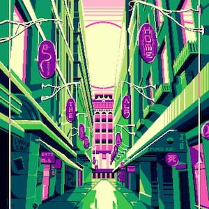 Op de afbeelding: Een gepixelde illustratie van een straat in de stad met hoge gebouwen en borden. De straat is bezaaid met winkels en bedrijven, waaronder een winkel genaamd "Eat! Mail". De straat is leeg, behalve twee figuren die in de verte lopen. De lucht is fel roze en geel.