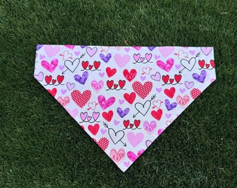 Valentines Dog Bandana - Pink & Red Hearts, Tie On or Over Collar