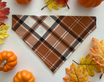 Fall Plaid Dog Bandana, Tie and Snap, Over the Collar
