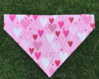 Valentine's Day Dog Bandana – Pink & White Hearts, Tie On or Over Collar