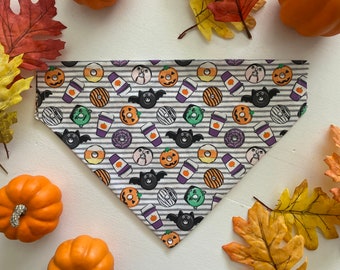 Halloween Dog Bandana, Coffee Donuts Print, Tie and Snap, Over Collar
