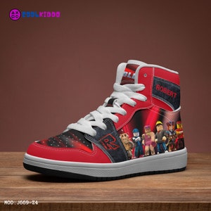 Personalized ROBLOX Characters High-Top Leather Black and Red Shoes, Jordans Style Sneakers, Street Footwear for Kids, Sport and Daily Use