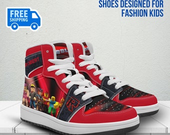 Personalized ROBLOX Characters High-Top Leather Black and Red Shoes, Jordans Style Sneakers, Street Footwear for Kids, Sport and Daily Use