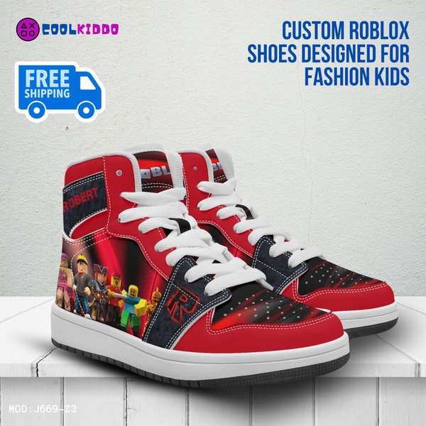 Personalized ROBLOX Characters High-Top Leather Black and Red Shoes, Basketball Style Sneakers, Street Footwear for Kids, Sport or Daily Use