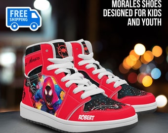 Personalized Miles Morales Spider Verse Character High-Top Leather Black and Red Shoes, Sneakers, Street Footwear for Kids, Basketball Style