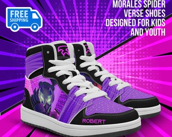 Personalized Miles Morales Spider Verse Earth 42 Prowler High-Top Leather Black Purple Street Shoes, Casual Sneakers, for Kids/Youth